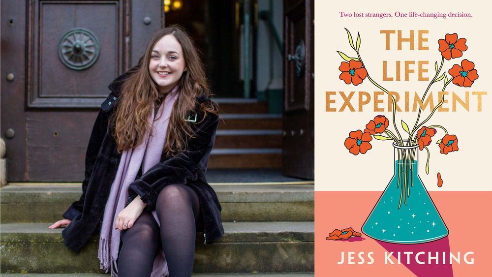 Person sitting on steps outside a building, smiling at the camera, next to the cover of 'The Life Experiment' by Jess Kitching, featuring bold text and a flask with flowers.