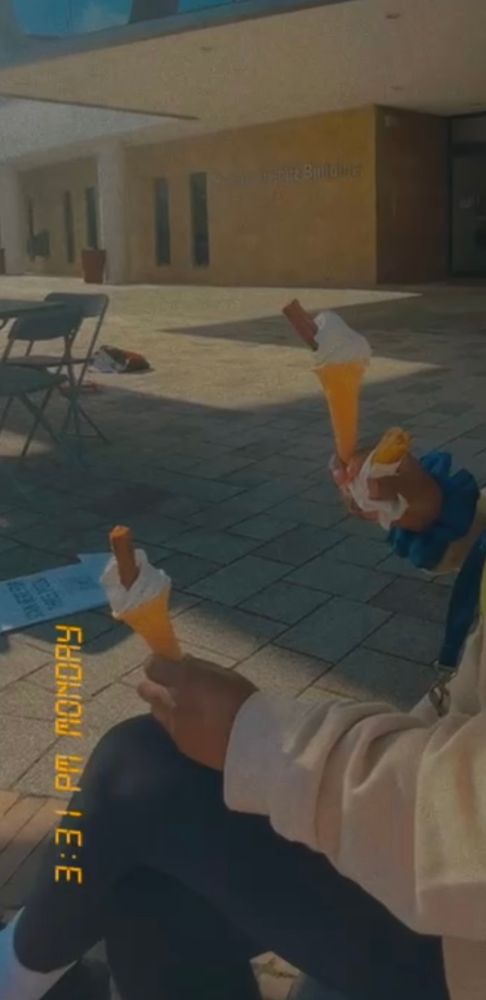 Alphonsine and friend sitting on a bench each holding a '99 Flake, with a building labeled "Richard Steinitz building" in the background.