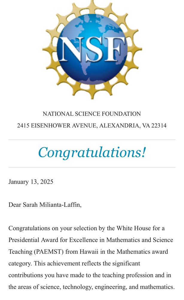 I won the PAEMST today! This is a screenshot of the email. 

https://www.whitehouse.gov/ostp/news-updates/2025/01/13/president-biden-honors-more-than-300-americans-with-nations-highest-award-for-science-and-mathematics-teachers-and-mentors/