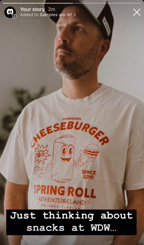 A middle aged dude, hiding his dad-bod behind an oversized T-shirt. The design depicts a cartoonish springroll character with lettering that says “Cheeseburger Springroll, Adventureland, Orlando Florida. 