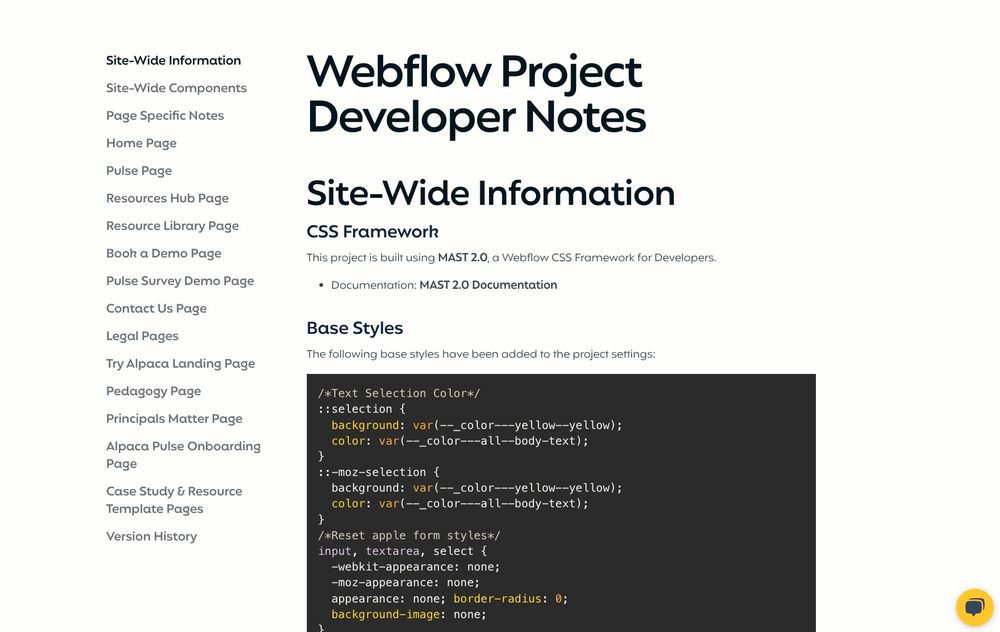 A screenshot of "Webflow Project Developer Notes", a page built by Cory "Flowman" Runnells for a current client project.
