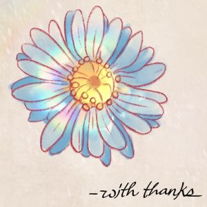 An icon drawing of a flower with text at the bottom right that says "with thanks."