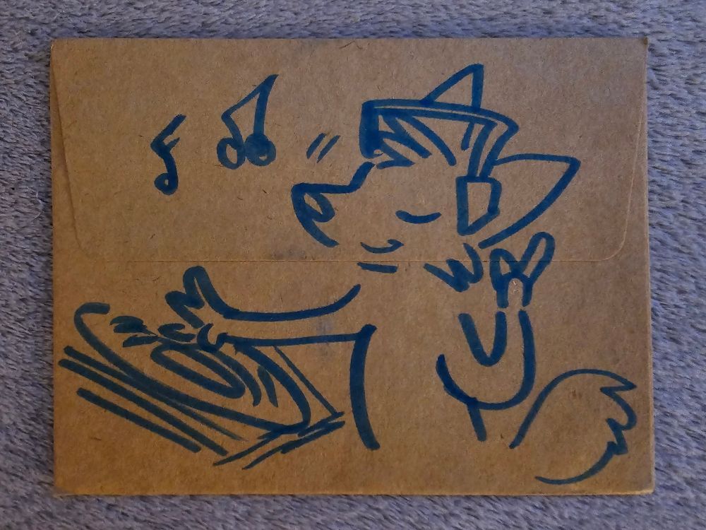 A doodle of Sapphire the fox playing some records on a turntable.