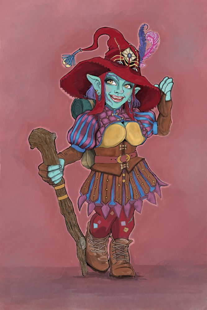 Á Goblin warlock with a magic hat as her patron. 