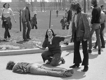 John Filo's Pulitzer Prize–winning photograph of Mary Ann Vecchio kneeling over the dead body of Jeffrey Miller minutes after the unarmed student was fatally shot by an Ohio National Guardsman