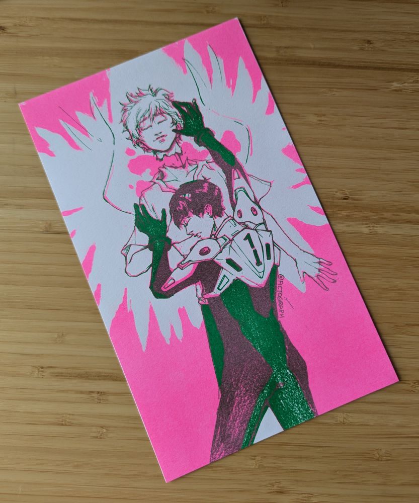 Risograph fan art of Shinji and Kaworu from Neon Genesis Evangelion.