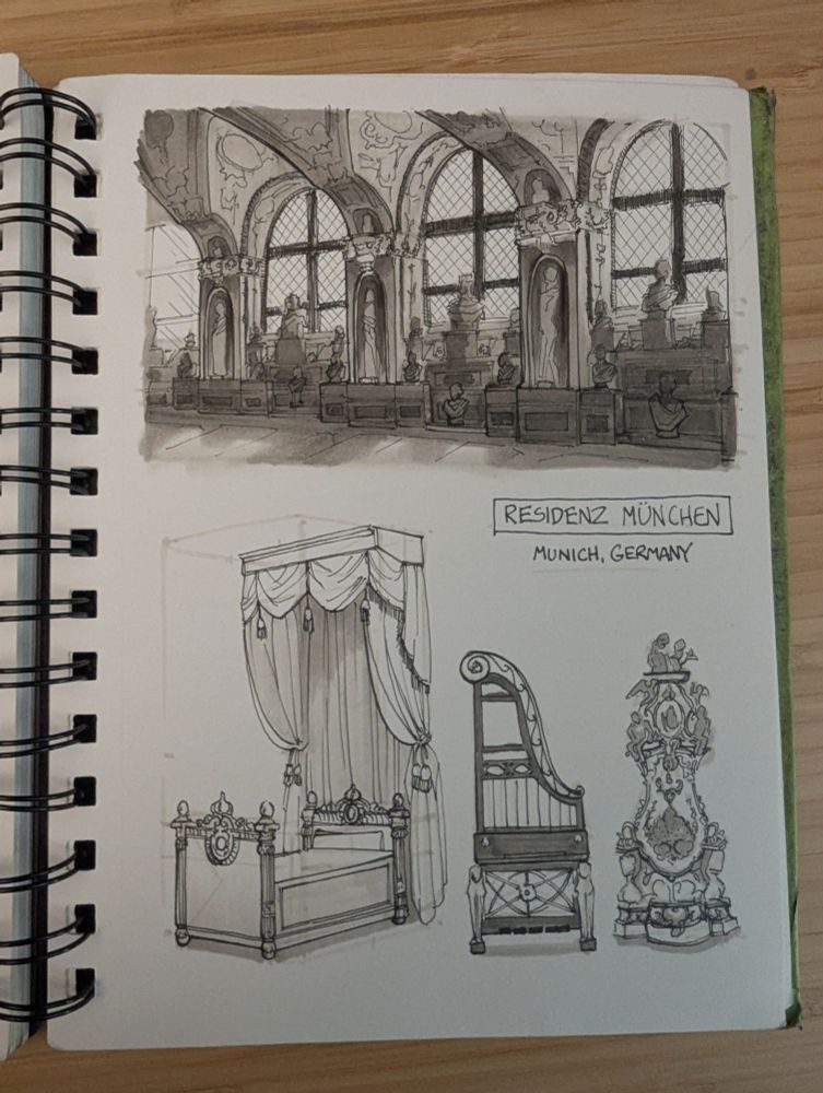 Pen sketches inspired by the Residenz in Munich, Germany.