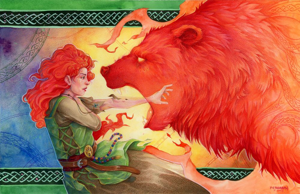 A watercolor illustration of a woman putting her hand in the mouth of a fiery red bear, cover art for Uncanny Magazine and the short fiction story "We Do Not Eat Much Fish".