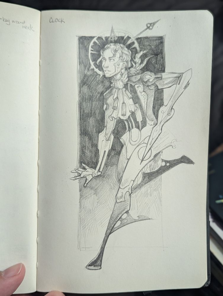 Pencil sketch of a steampunk clock man.