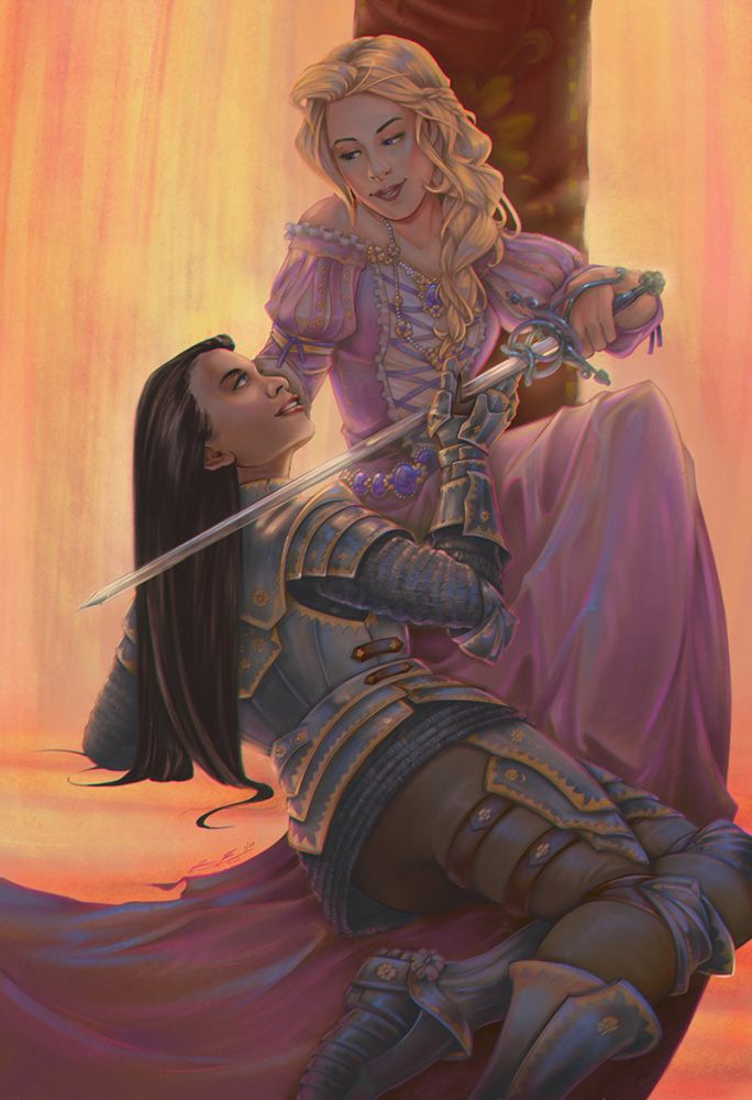 A digital painting of a princess and her lady knight.