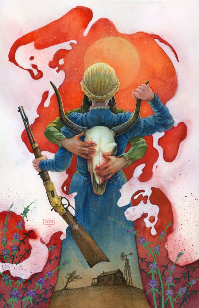 A watercolor piece featuring two girls, a rifle, and a cow skull. Inspired by a fictional, speculative Wild West.