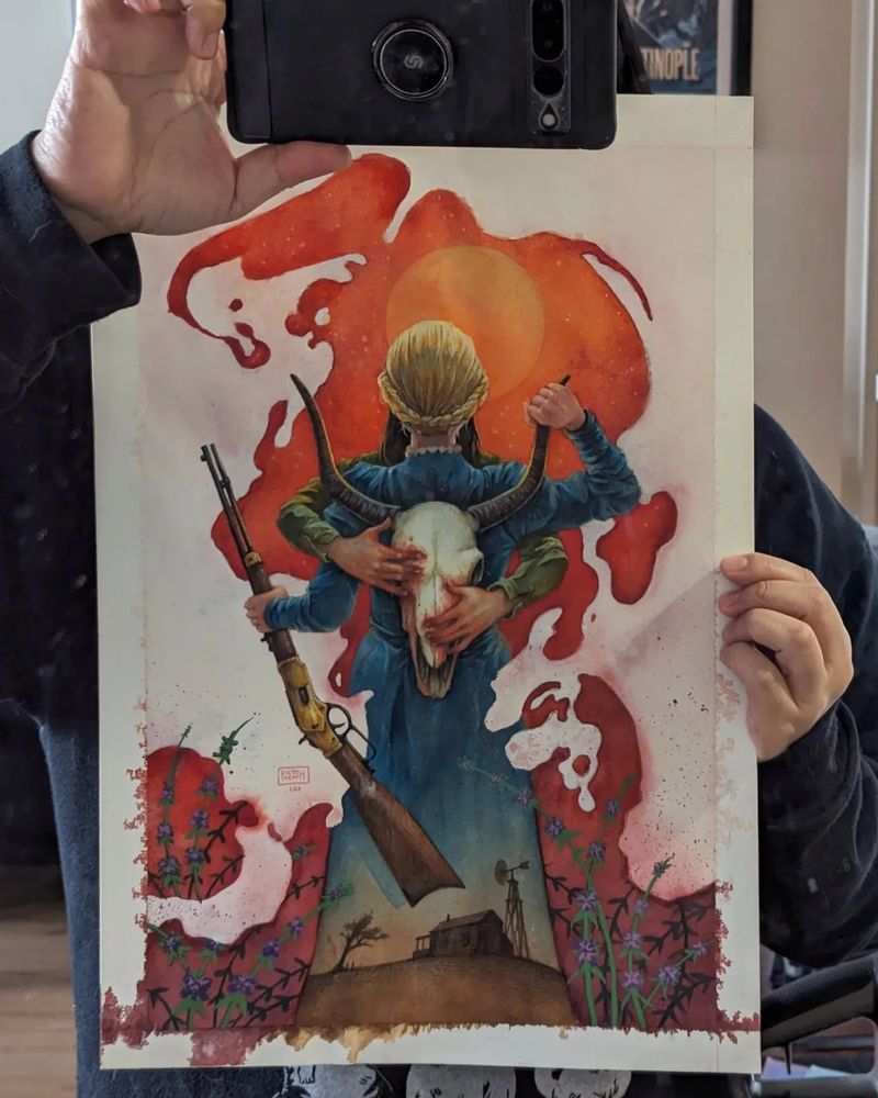 A photo of a watercolor painting inspired by a fantasy wild west story.