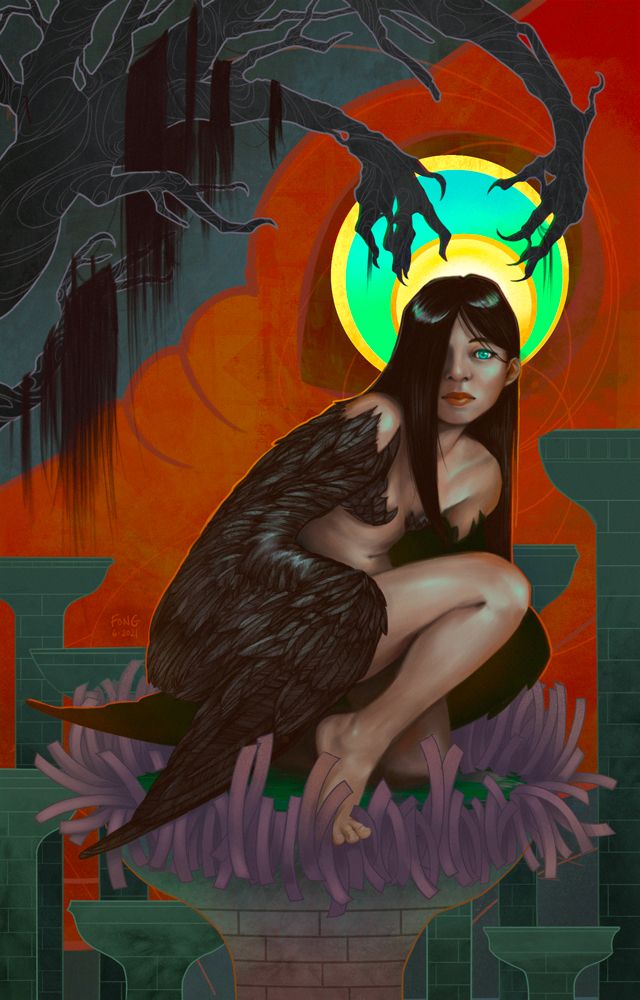 A digital painting of a harpy woman, for Strange Horizon's short story "Tower of Ivory, Tower of Horn."