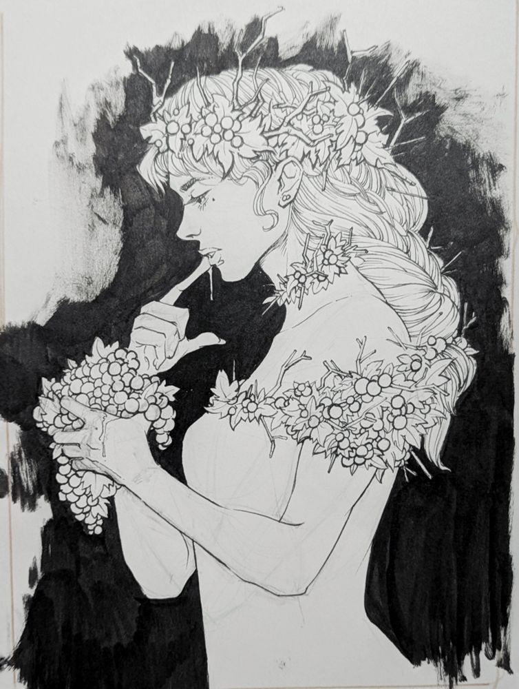 An ink drawing of a woman holding a bunch of grapes 