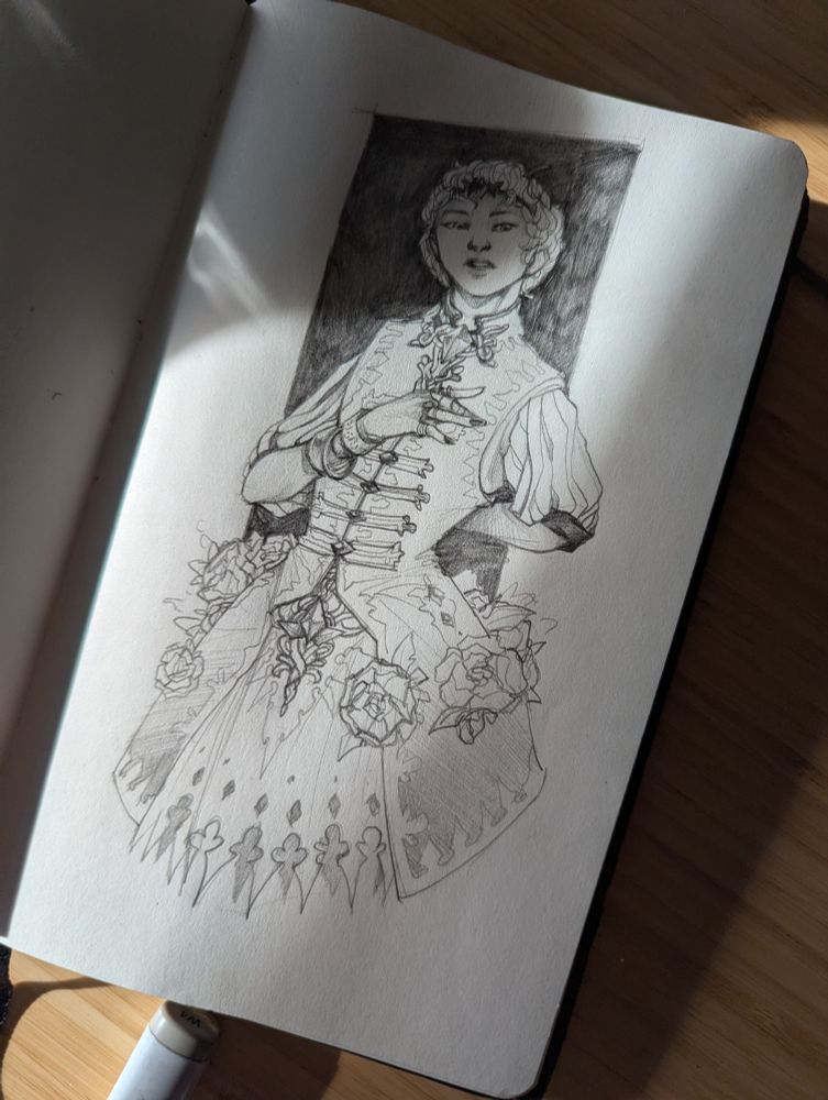 A pencil sketch of a fairy tale prince in a fancy long coat, decorated with roses and gems.