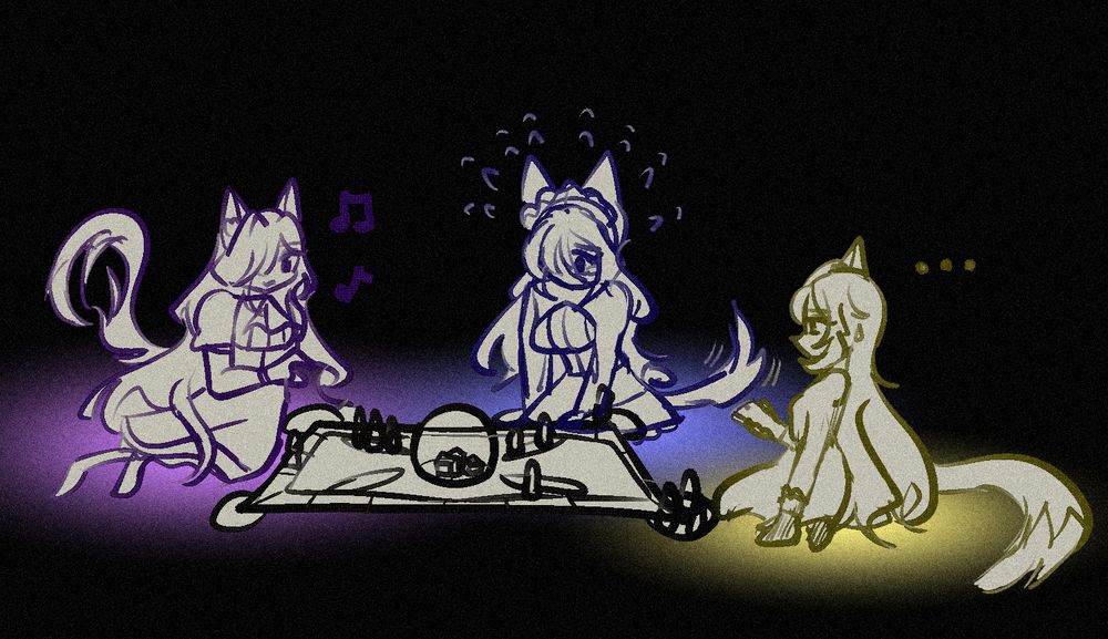 Raven (left), Luna (middle), and Ephie (right) playing a familiar board game together. Raven is humming, Luna is panicking, and Ephie is astounded by the other two's difference in demeanor.