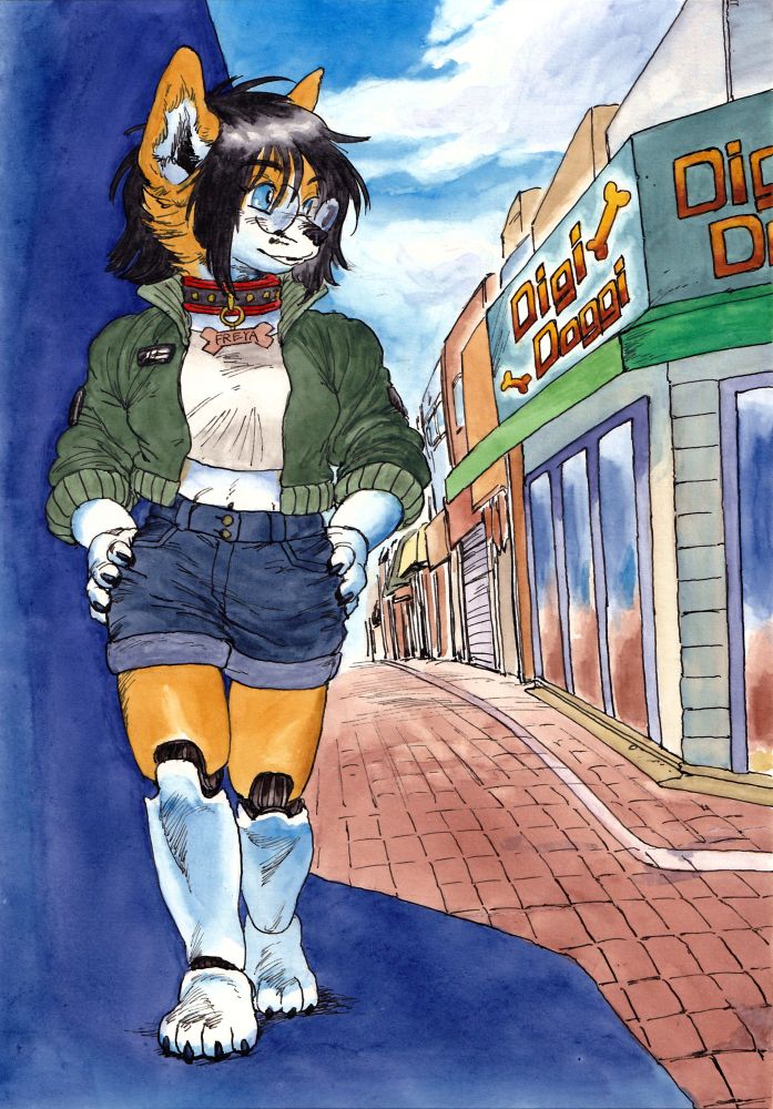 Image of a robot corgi girl walking down a Japanese-style shopping street. She has orange fur with white accents on her hands, feet, belly, and face. She's wearing an old green bomber jacket, a white T-shirt, blue denim short shorts, round glasses, and a big red collar.  She's walking towards the viewer and looking off to the right at the various stores and sights on the street.  The nearest store sign reads "DigiDoggi".