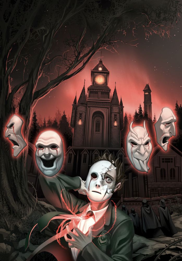 A young man standing in front of an ominous Gothic school, surrounded by eerie white masks.