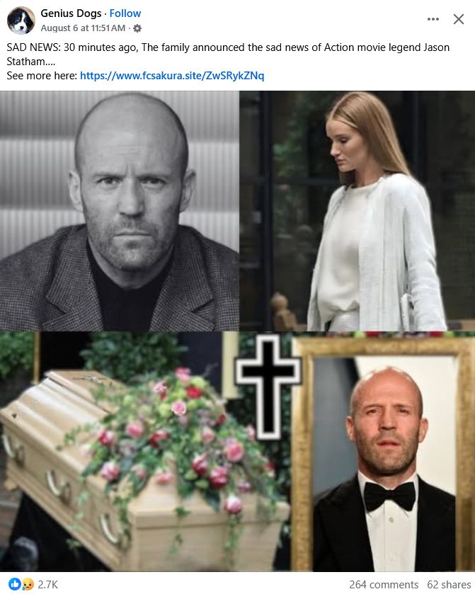 facebook account "genius dogs" trying to get people to click on a suspicious link by implying jason statham is dead