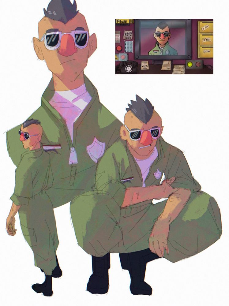 A 2D digital illustration of the character Steven Rudboys from the indie horrorgame That's not my neighbor. It features a portrait of steven with two drawings of him posing differently. One standing with the back facing the camera and the other squatting down with a worried expression. In the top right corner is also a screenshot from the game to reference what the original design looked like. 