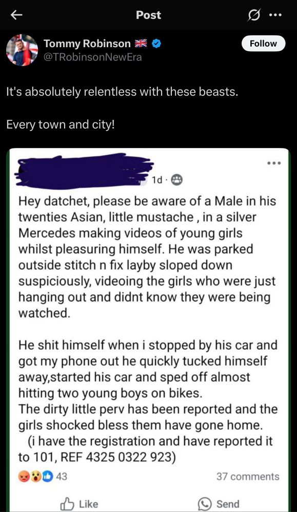 Racist tweet from Tommy Robinson