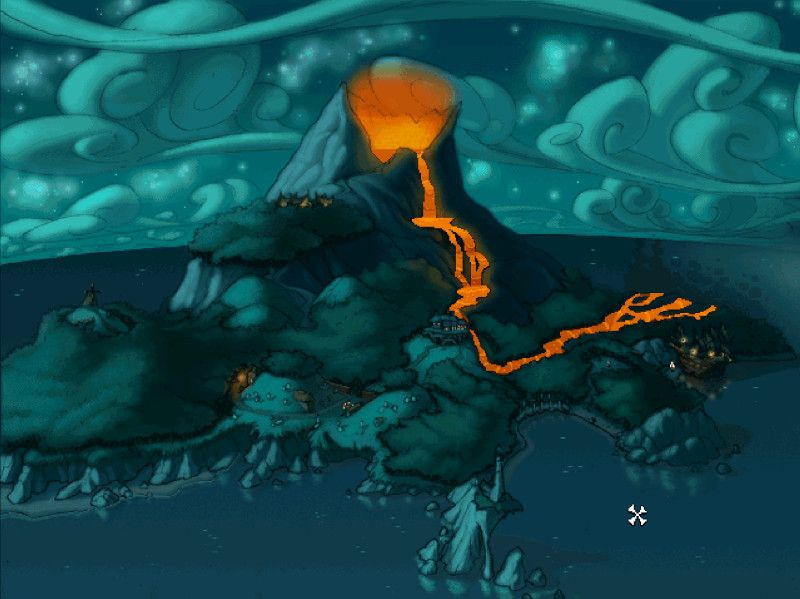 Screenshot from Curse of Monkey Island, showing turquoise tinted Blood Island, with an erupting volcano