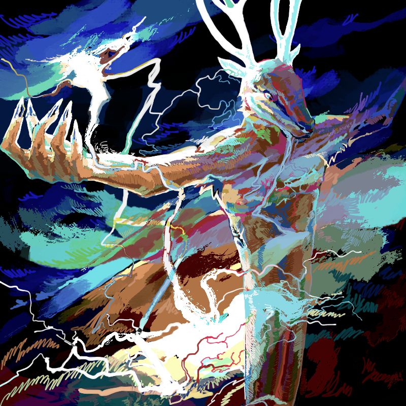 A drawing of an anthro deer drawing in lightning from a desert storm.