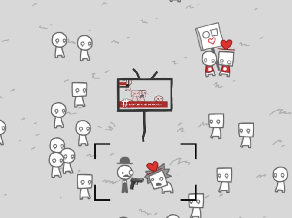 A screenshot of “We Are What We Behold” a 2d game with little simplified geometric shape people. In the center of the crowd is a tv screen which shows a mock news story about squares hating circles. In the background you can see a circle and square protesting with signs of peace and love. Meanwhile an aristocratic circle has drawn a gun on a vulnerable square.