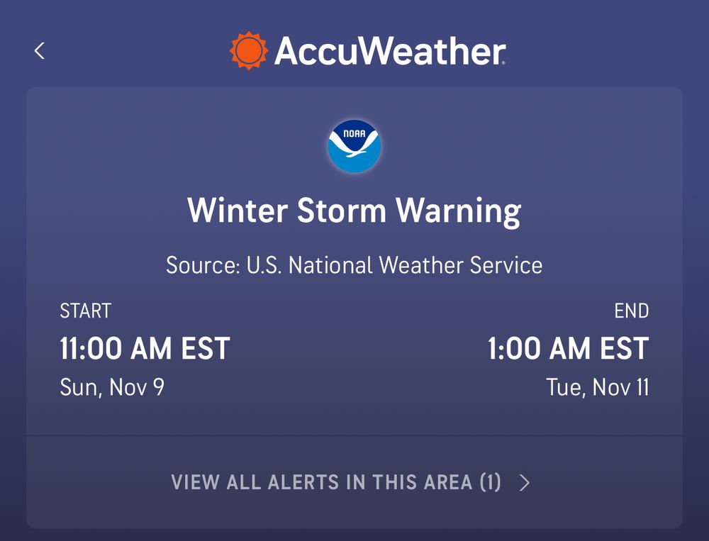 Image of a winter storm warning in effect until November 11