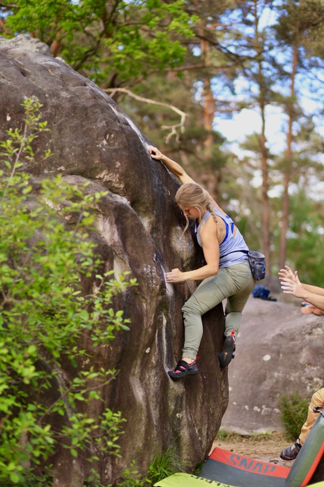 Emma climbing a boulder in the forests of Fontainebleau.