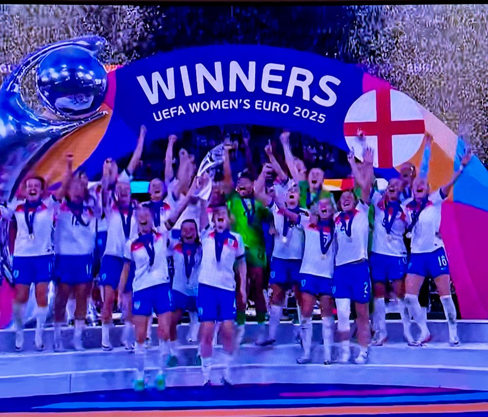 The England women’s team lift the trophy having won the Euros 2025 final.