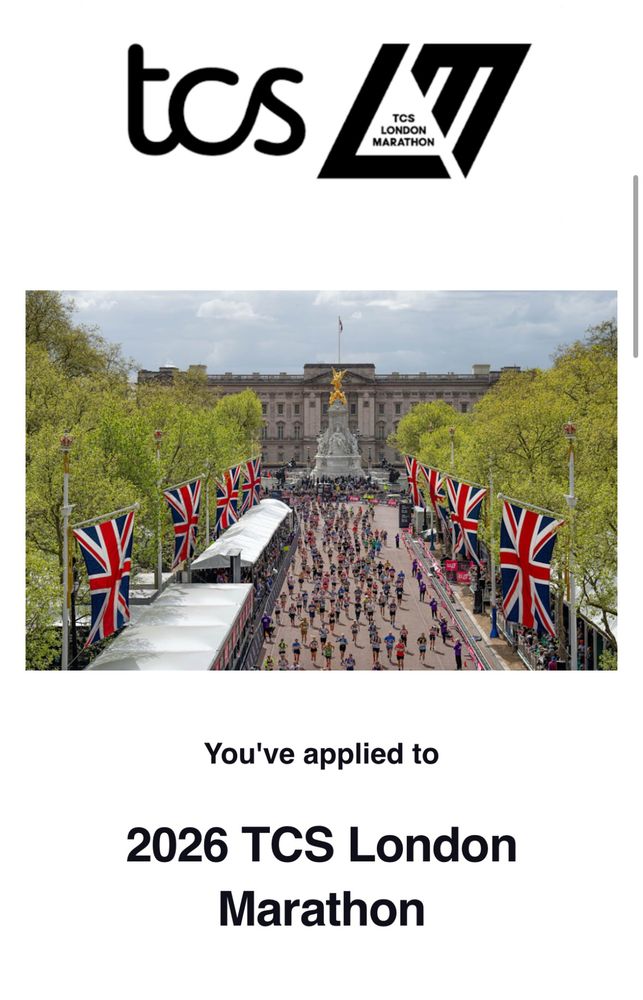 Email confirmation of entry into the London Marathon 2026 ballot.
