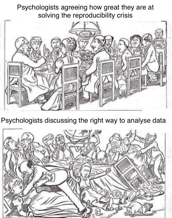 Line drawing of people politely sitting around the table: psychologists agreeing how great they are at solving the reproducibility crisis

Lone drawing of people kicking the crap out of each other: psychologists discussing the right way to analyse data