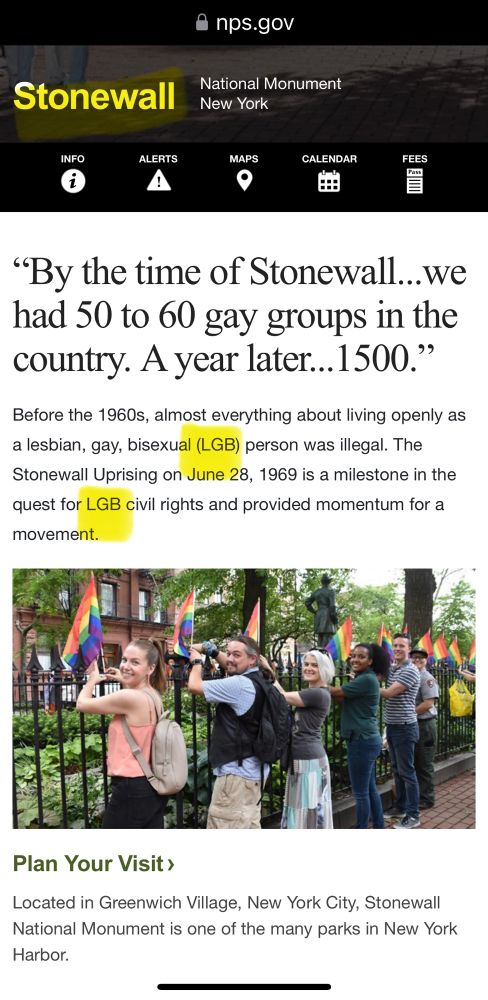 The National Park Service has removed the Transgender from the LGBTQ acronym in the official park website so it now reads LGB.