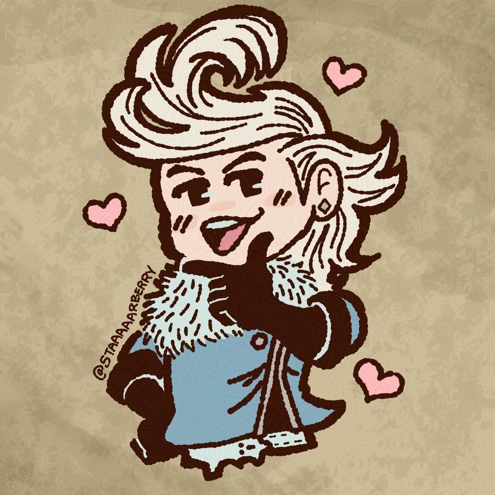 A digital illustration of a chibi Ringabel with his thumb and index finder extended under his chin. He is surrounded by 3 small hearts.