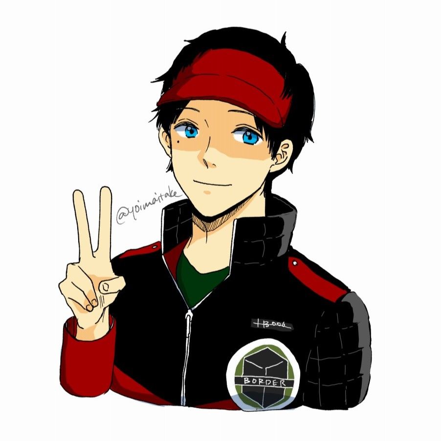 隊服でピースする隠岐のイラスト