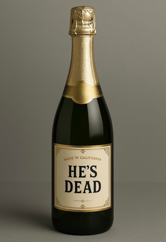 Champagne bottle with gold foil and gold label that reads: HE’S DEAD 