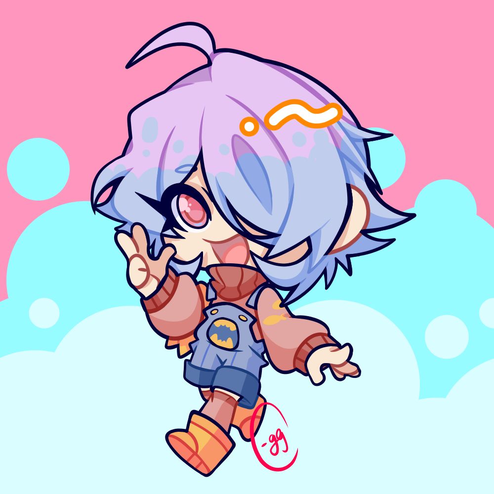 Gakuto, my OC from Animus has two toned hair [lavender and blue] covering one eye, with a large pink sweater with a yellow arm bandanna and fish prints, yellow rainboots with pink socks, a blue overall with shark teeth for the large pocket