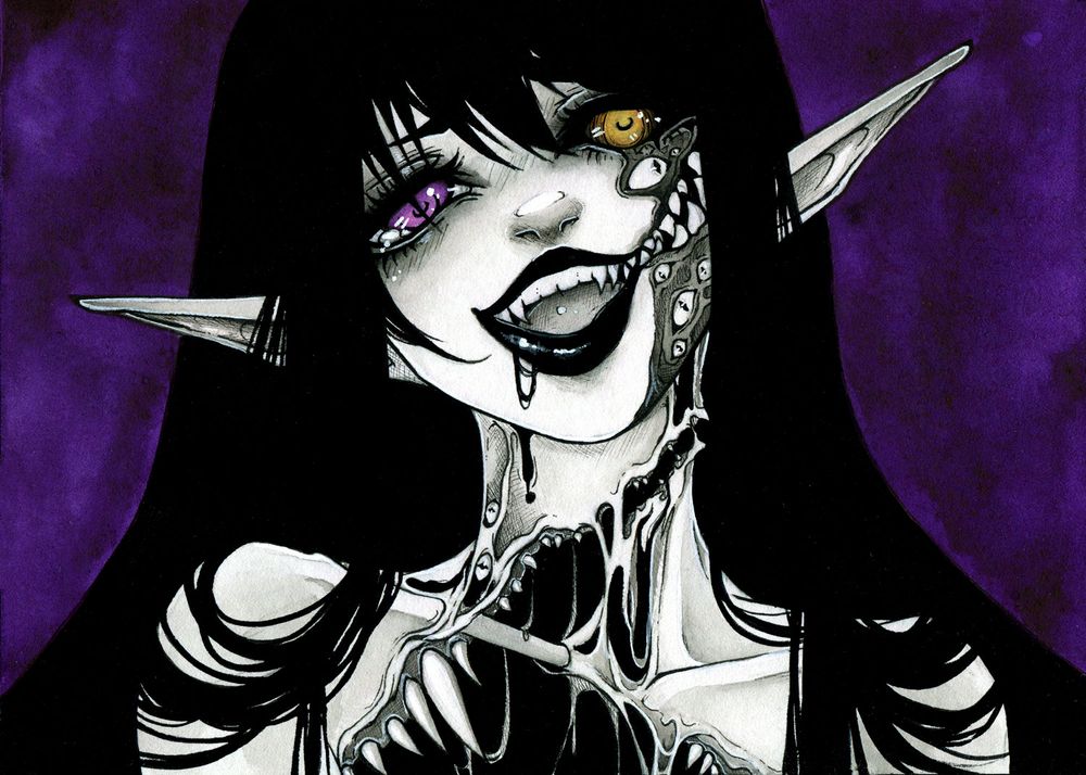 A traditionally painted Halloween body horror themed piece featuring a femme humanoid monster girl with long, pointed ears and various open mouths and teeth across her neck and body.  The right side of her face has different eyes going down the side of her face.  Her left eye is purple and her right eye is yellow.