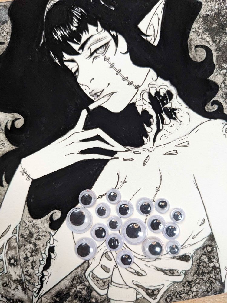 A traditionally inked self portrait of Mango with a body horror and monstrous aesthetic.  The background is currently an ink salt wash and the hair has been painted black