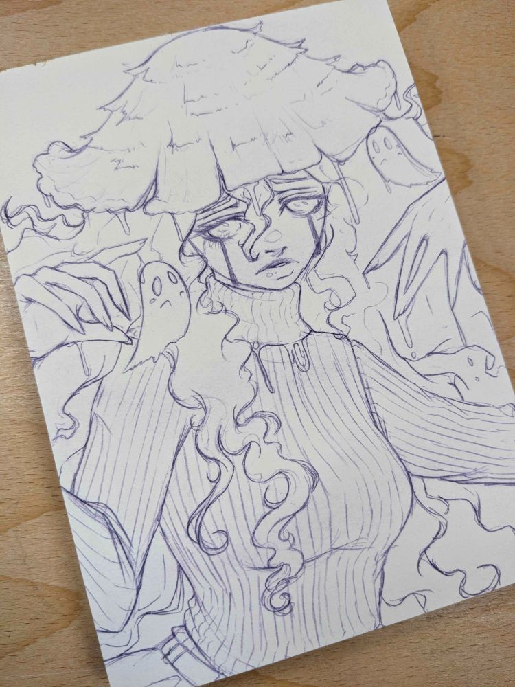 Traditional pencil drawing of an inky cap mushroom girl with inky drops coming from a mushroom cap on her head and fingers.  She has long curly hair, a sad expression on her face, and has two little ghosts on either side of her