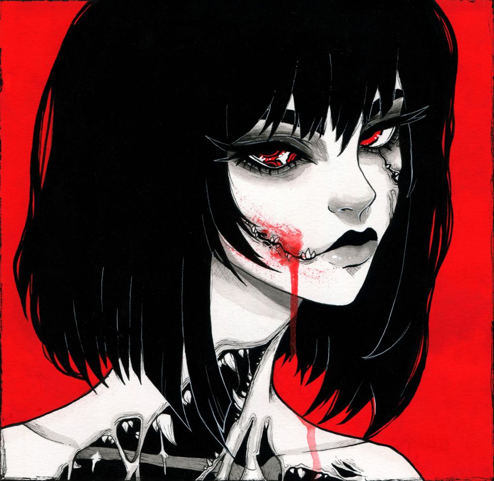 Traditional ink, gouache, and acrylic painting of a monsterous woman with a bright scarlet background.  She has short-medium length black hair with closed, monstrous mouths on her face and open maws across her chest.  Her eyes are the same scarlet as the background and her left eye has multiple irises.  
