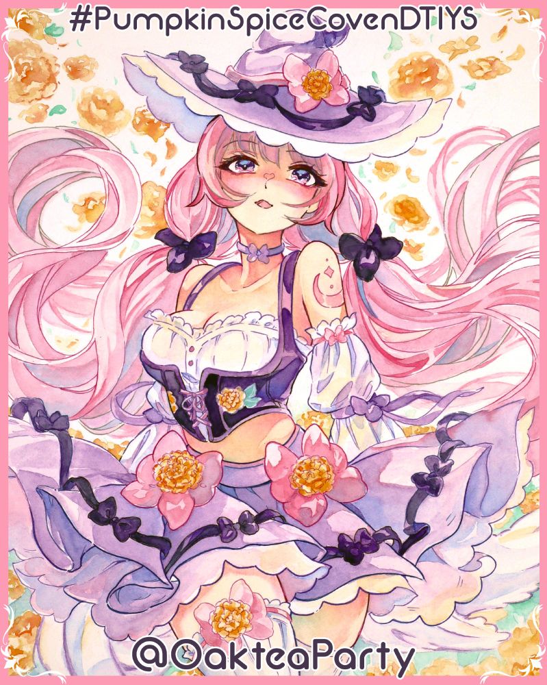 A traditional watercolour painting by OakteaParty.  The painting features a witch with pink hair in long twin-tails, pink eyes, and a soft expression on her face.  She is wearing a two-piece light purple outfit.  Her hat is purple with ruffles that extend out at the bring and is lined with darker purple bows and one pink bow with an orange marigold in the center.  Her top features a light purple choker and cropped dark purple vest with pink lacing down the center.  The shirt underneath is white and ruffled with off-the-shoulder long ruffled sleeves with purple bow details.  Her skirt is light purple with dark purple bows detailed all around the skirt with light purple ruffles that extend out from underneath the skirt.  The skirt also features two slightly larger pink bows with marigolds in the center. She is wearing white, ruffled thigh high socks that half a bow with an orange marigold in the center.  Behind her is a floral background that features orange marigolds scattered and floating around the witch.

On the image reads the text "#PumpkinSpiceCovenDTIYS" and "OakteaParty"