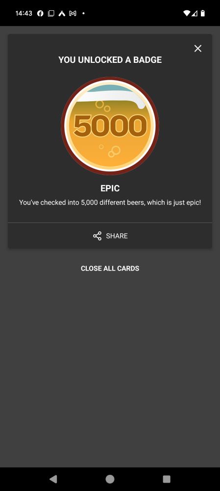 Screen shot of an Untappd badge 5000 unique beers. 