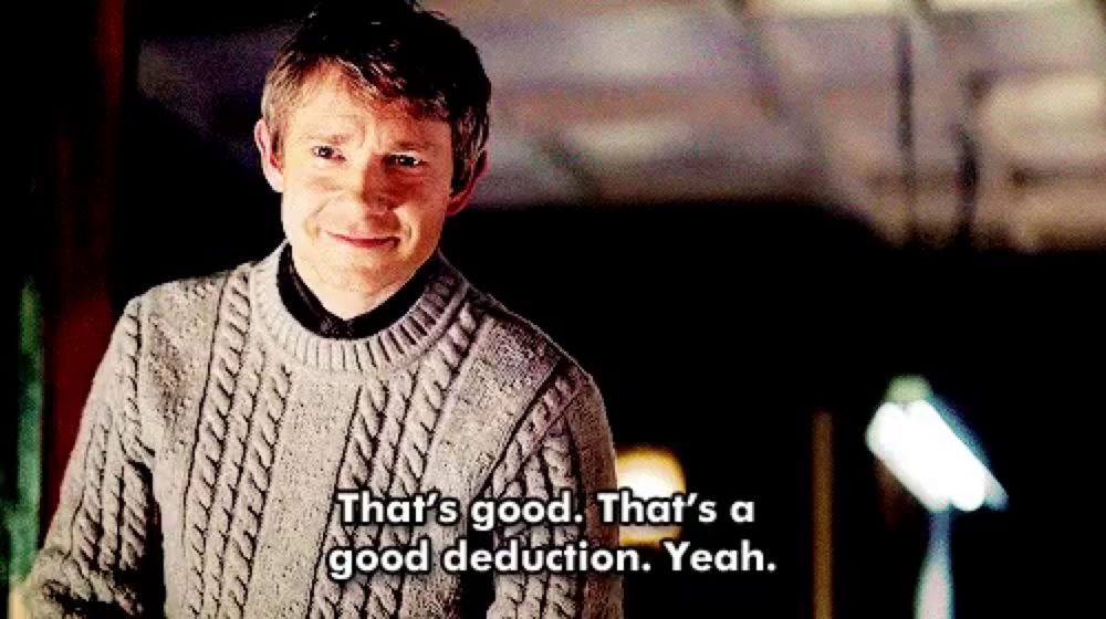 a man in a sweater is smiling and says that 's good that 's a good deduction yeah .