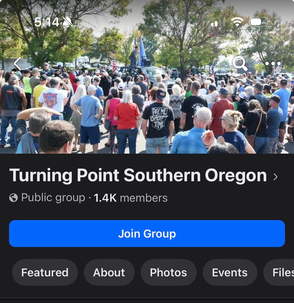 A screenshot of a group on Meta called Turning Point Southern Oregon. 