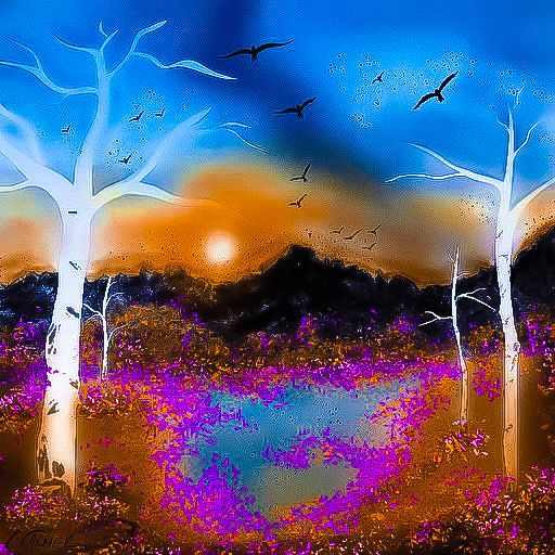 A digital art painting of an autumn colored landscape of mountains, trees, and fall flowers surrounding a pond. The sky is filled with oranges and blues. The sun glows in the distance and birds fill the sky. 