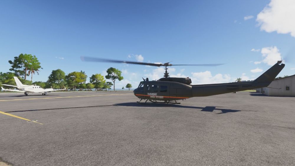 Taog's Hangar UH-1H with the new Stranger Things livery, in Microsoft Flight Simulator, Sim Update 4. Taken while in Virtual Reality- HP Reverb G2 headset. Location is Ken Jones Airport (MKKJ) in Jamaica.