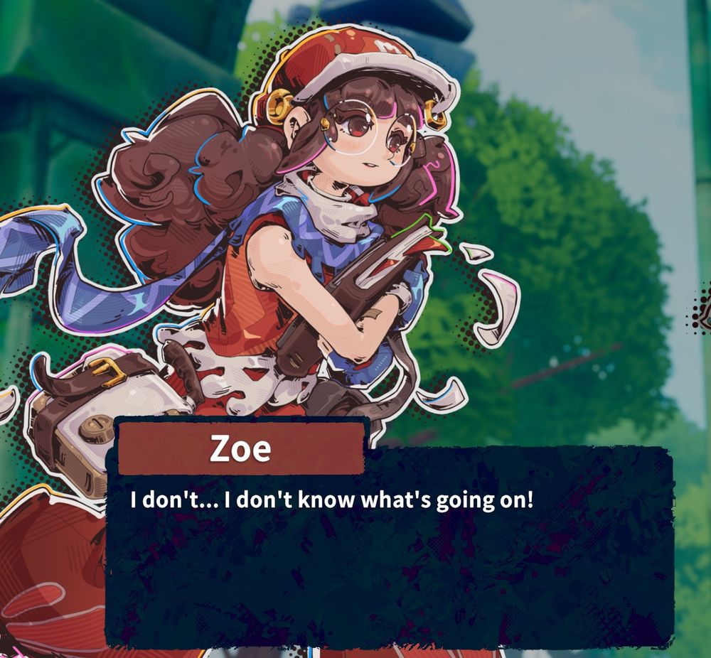 zoe from landfall's new game haste: broken worlds

she's got long curly brown hair, big round glasses, a long blue scarf, and a red hat