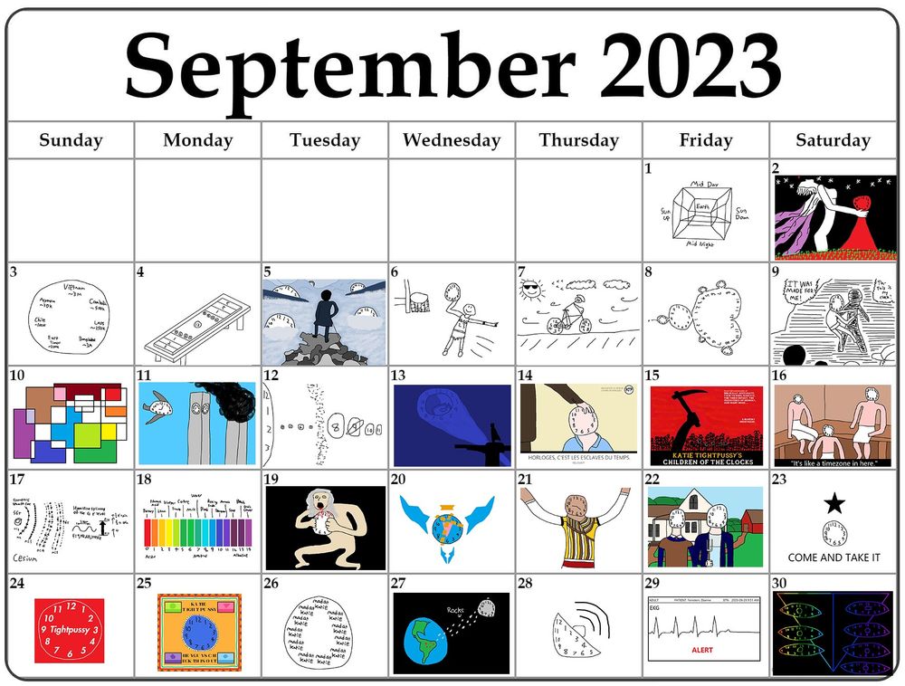 Picture of a calendar for September 2023 where every day has it's corresponding Katie Tightpussy clock on it